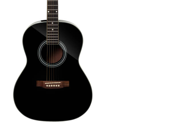 Black acoustic guitar on white background.
