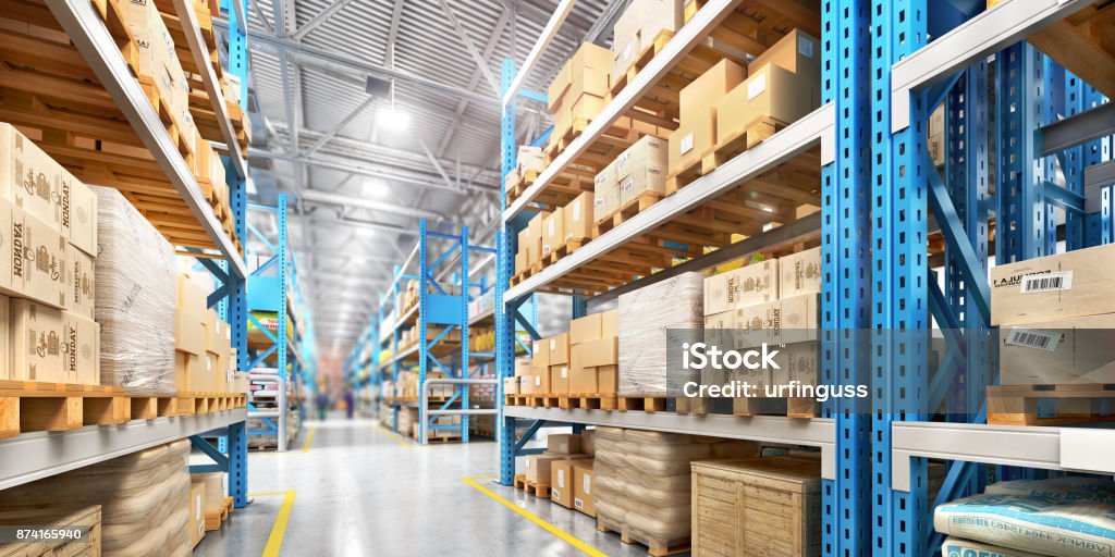 Empty warehouse full of cargo Empty warehouse full of cargo. 3d illustration Warehouse Stock Photo