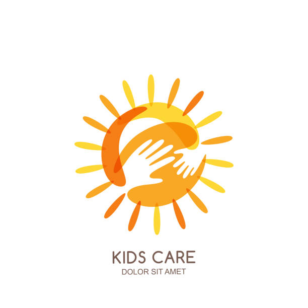 Kids care, family or charity vector emblem design template. Hand drawn sun with baby and adult hands silhouettes. Kids care, family or charity vector logo design template. Hand drawn sun with baby and adult hands silhouettes, isolated icon. Voluntary non profit organization or healthcare concept. disabled adult stock illustrations