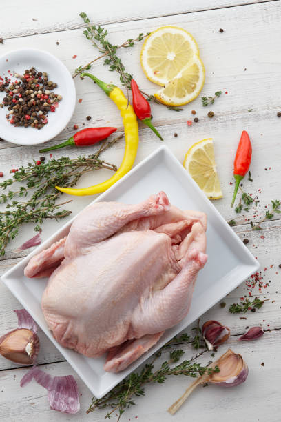 istock Raw chicken, herbs and spices on white wooden background 874172526