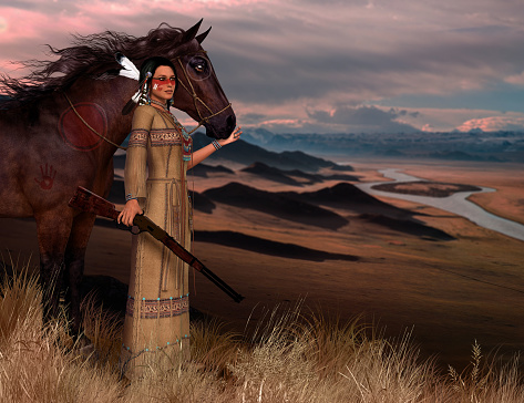 3D render of a beautiful native American Indian woman in traditional clothes, wearing war paint, carrying a rifle and her horse.