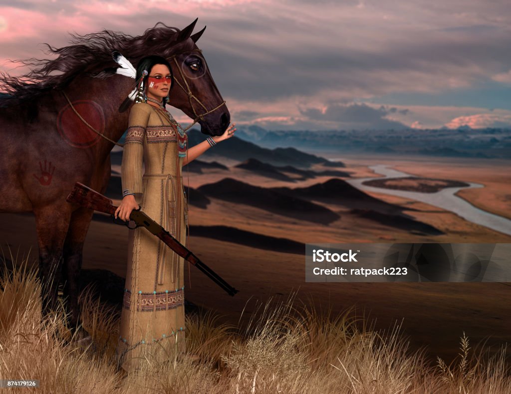 Cheyenne American Indian Woman Illustration 3D render of a beautiful native American Indian woman in traditional clothes, wearing war paint, carrying a rifle and her horse. Indigenous Peoples of the Americas Stock Photo