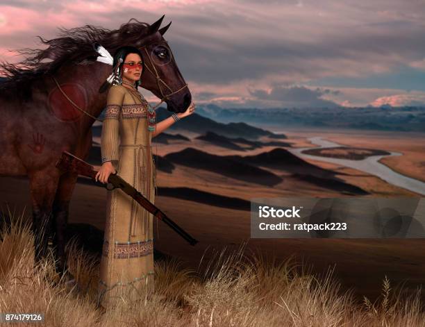 Cheyenne American Indian Woman Illustration Stock Photo - Download Image Now - Indigenous Peoples of the Americas, Indigenous North American Culture, Horse