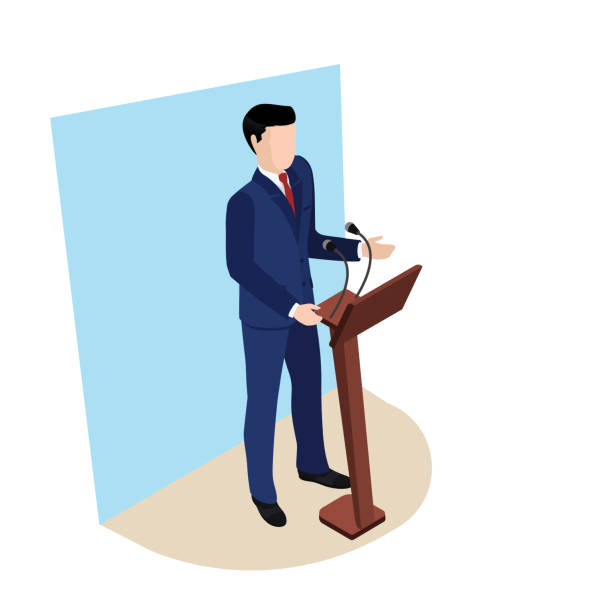 Speaker a man in a business suit with a red tie man at podium stock illustrations
