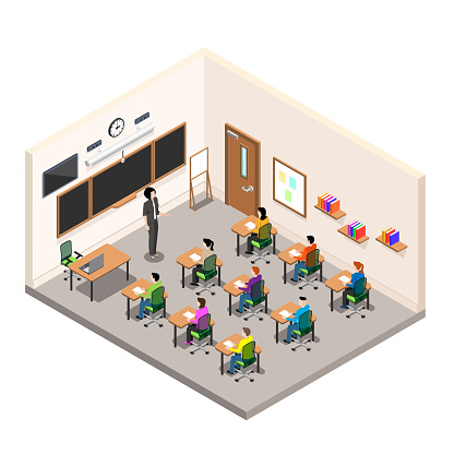 a school room for study, a classroom with desks and a school board, a modern class in isometric style, the teacher conducts an examination among schoolchildren