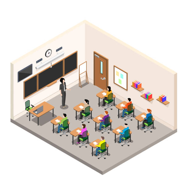 classroom2 a school room for study, a classroom with desks and a school board, a modern class in isometric style, the teacher conducts an examination among schoolchildren classroom stock illustrations