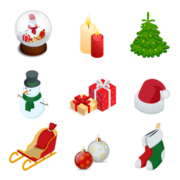 Isometric set of Christmas new year holiday decoration icons set isolated vector illustration New Year s ball, candles, snowman, gifts, Christmas tree, santa hat, sled, New Year s toys Isometric set of Christmas new year holiday decoration icons set isolated vector illustration New Year s ball, candles, snowman, gifts, Christmas tree, santa hat, sled, New Year s toys. bean bag illustrations stock illustrations