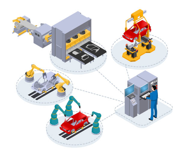 computer control in production2 automated production line under the control of a computer to assemble cars, isometric image on white background isometric factory stock illustrations