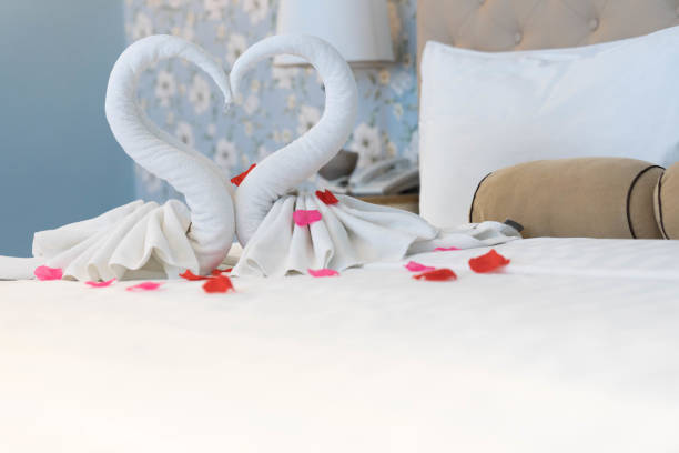 istock towel as birds decoration on white clean bed in room 874186012