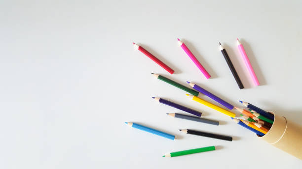 istock Huge set of colorful pencils on white table background. Top view. 874189970