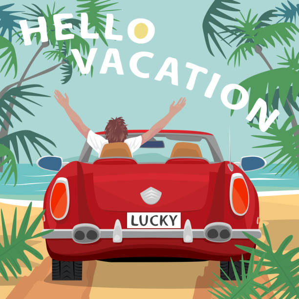 illustrations, cliparts, dessins animés et icônes de homme en voiture cabriolet rouge sur la plage près de l’océan - enfants derrière voiture vacance