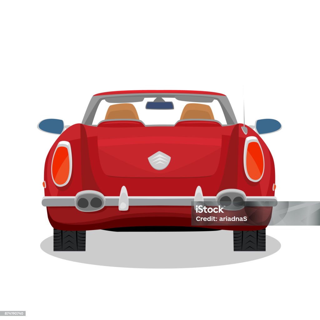 Isolated red retro cabriolet with shadow Isolated red car, retro cabriolet on white background with shadow. Rear back view. Simplistic realistic comic art style Rear View stock vector