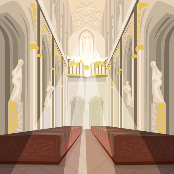 성당 교회 또는 카톨릭 교 대성당의 내부 - church sunbeam sunlight indoors stock illustrations