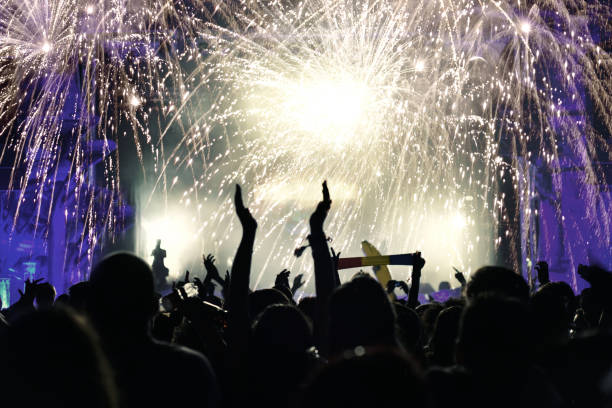 istock Cheerful crowd and fireworks, New Year 874204094