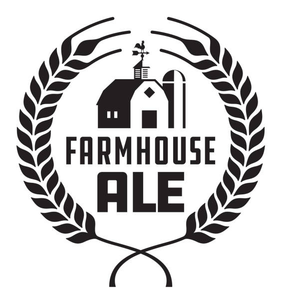 Farmhouse Ale Badge or Label. Craft beer vector design features wheat or barley wreath with barn, silo and weather vane. cupola stock illustrations