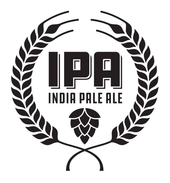 IPA or India Pale Ale Badge or Label. Craft beer vector design features wheat or barley wreath and hops. hordeum stock illustrations