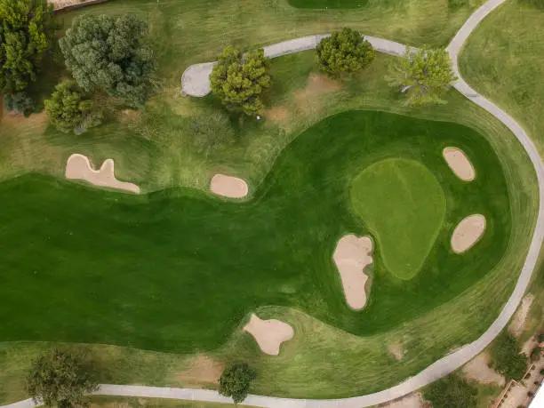 Photo of American golf course seen from the sky.