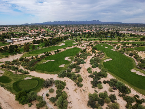 American golf course seen from the sky.