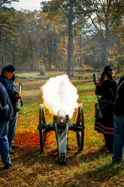 Civil War re-enactment. Coventry,RI,USA-October 28, 2017: Unknown local residents participating in a Civil War Era encampment and skirmish re-enactments. civil war enactment stock pictures, royalty-free photos & images