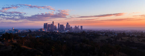 Panoramic view of Los Angeles downtown skyline at sunset stock photo