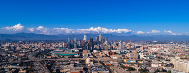 Panoramic View of Downtown Los Angeles at Sunset stock photo