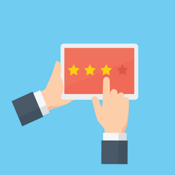 ilustrações de stock, clip art, desenhos animados e ícones de people hand giving star rating on a tablet, customer review, rating, user feedback concept - report card illustrations
