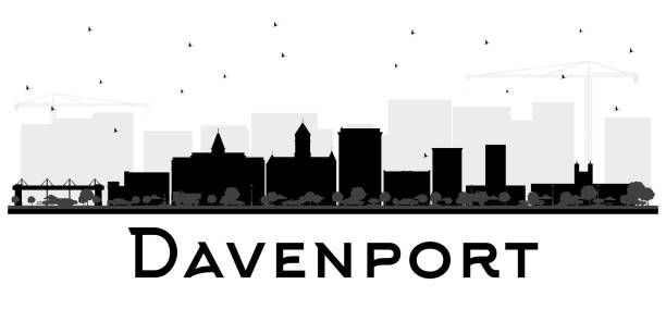 Davenport City skyline black and white silhouette. Davenport City skyline black and white silhouette. Vector illustration. Simple flat concept for tourism presentation, banner, placard or web site. Business travel concept. Cityscape with landmarks. davenport iowa stock illustrations