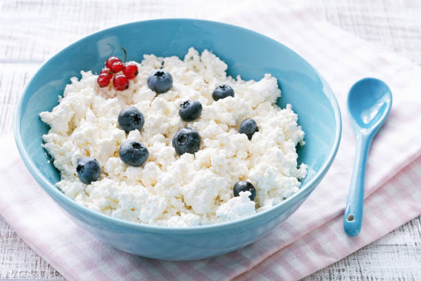 organic curd cheese, farmer's cheese or cottage cheese in blue bowl. - farmers cheese imagens e fotografias de stock