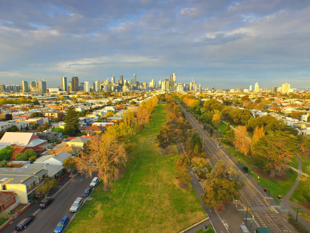 Drone Photography Melbourne Aerial View Melbourne CBD from Port Melbourne port melbourne melbourne stock pictures, royalty-free photos & images