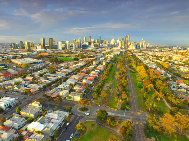 Drone Photography Melbourne Aerial View Melbourne CBD from Port Melbourne port melbourne melbourne stock pictures, royalty-free photos & images