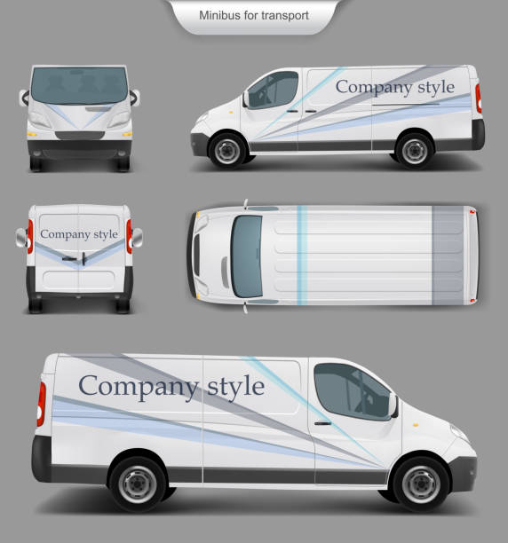 White minivan top. front, back, side view Vector realistic white delivery minivan, city minibus with company style top. front, back, side view, with shadow, isolated on gray. Template, mock up of minivan for brand design, corporate transport back of bus ad stock illustrations