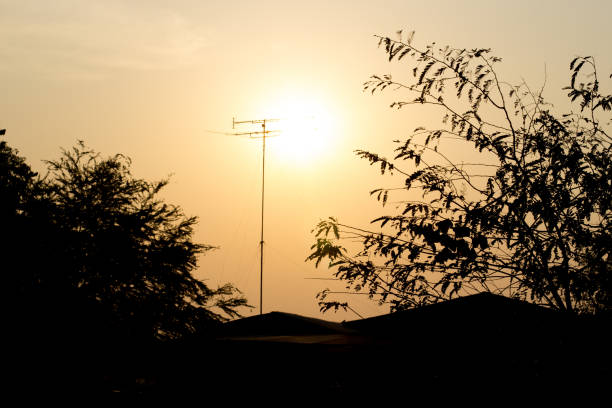 The silhouette TV Transmission tree and home with the sun