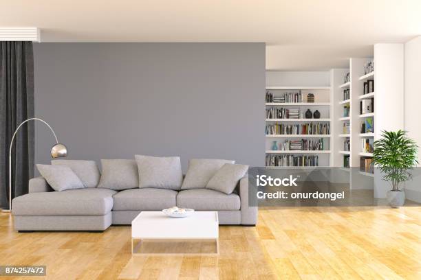 Bookshelf And Sofa In Living Room Stock Photo - Download Image Now - Living Room, Wide, Bookshelf