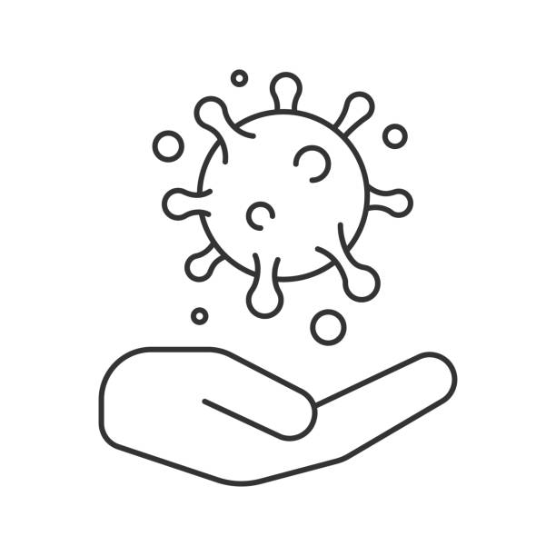 Open hand with virus icon Open hand with virus linear vector icon. Thin line. Virus research holding hands painted stock illustrations
