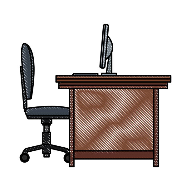 ilustrações, clipart, desenhos animados e ícones de mesa de escritório com elementos - office chair chair furniture scribble