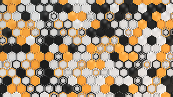 Abstract 3d background made of black, white and orange hexagons on white background. Wall of hexagons. Honeycomb pattern. 3D render illustration