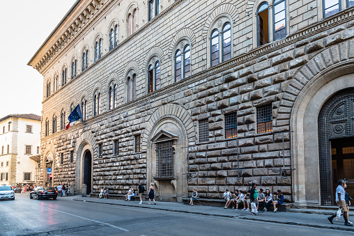 Florence, Italy - August 23, 2016: Palazzo Medici Riccardi in Florence a sunny day of summer. It is a renaissance palace and an example of civil architecture, was designed by Michelozzo di Bartolomeo