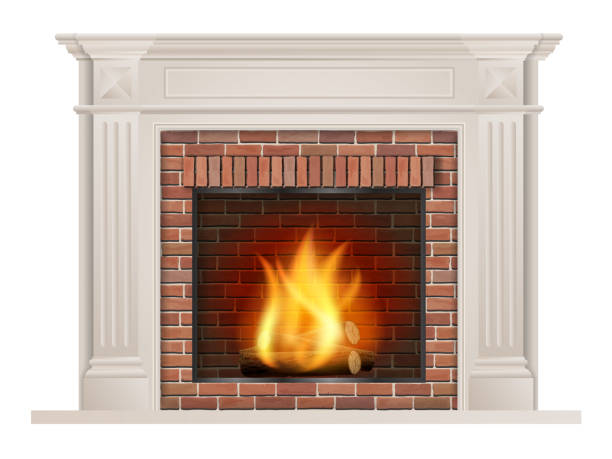 stockillustraties, clipart, cartoons en iconen met klassieke open haard met rode bakstenen en oven - fireplace