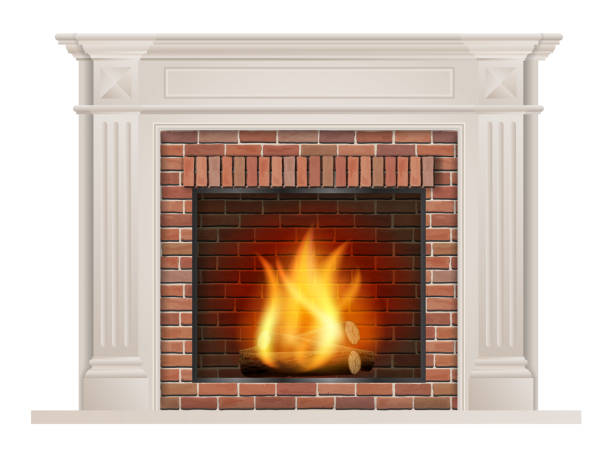 Classic fireplace with red brick and furnace Classic fireplace with pilasters and a furnace with red brick inside. The element of the interior living room. Vector illustration. warming up stock illustrations