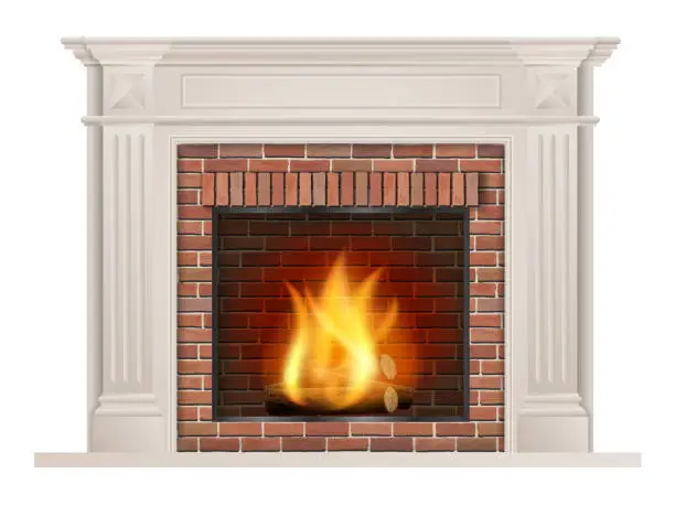 Vector illustration of Classic fireplace with red brick and furnace