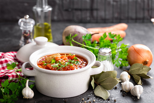 Borscht, traditional ukrainian beetroot vegetable soup