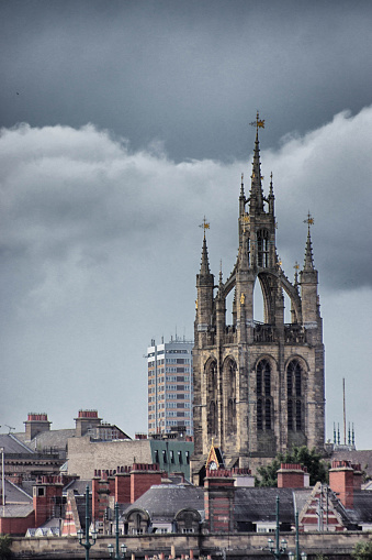 Close up of the Newcastle Cathedral, St Nicholas Cathedral, spire on the northern end of the Tyne bridge.