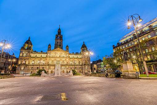 The George Square in Glasgow illuminates at Night