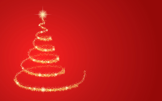 Gold Christmas tree on red background. Vector.