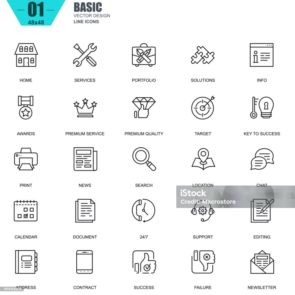 Icone di base a linea sottile impostate per il sito Web e il sito mobile - arte vettoriale royalty-free di Icona Line