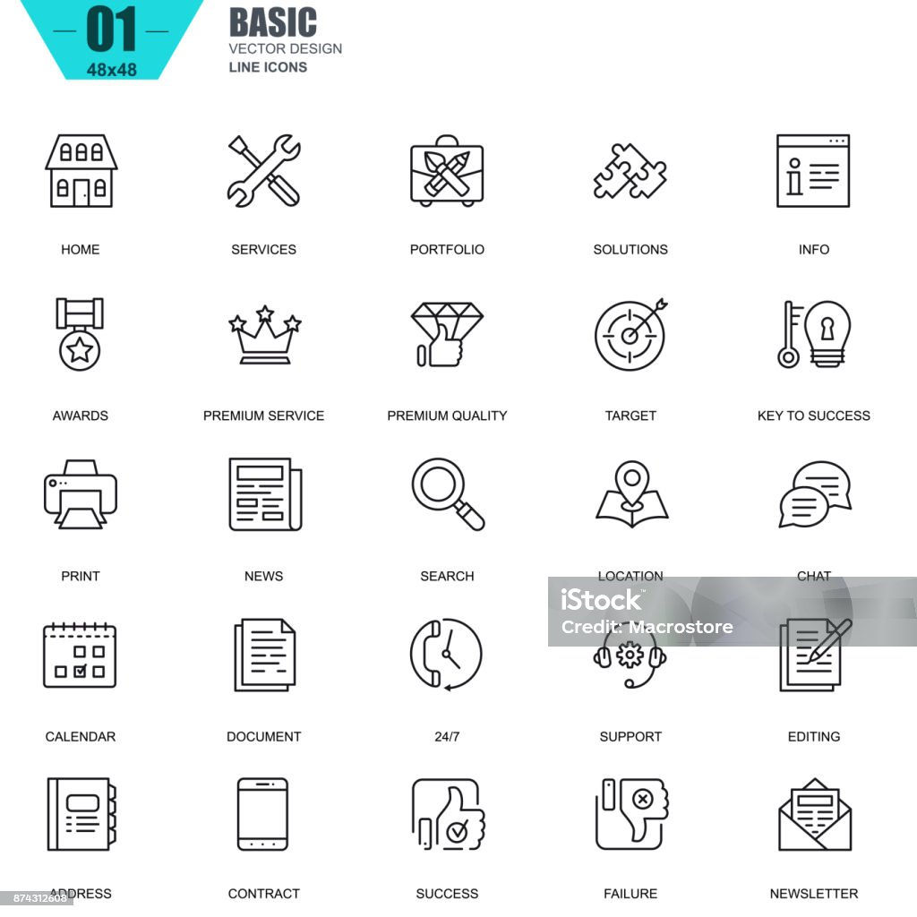 Thin line basic icons set for website and mobile site Thin line basic icons set for website and mobile site and apps. Contains such Icons as Portfolio, Services, Target, Awards, Support. 48x48 Pixel Perfect. Editable Stroke. Vector illustration. Line Icon stock vector