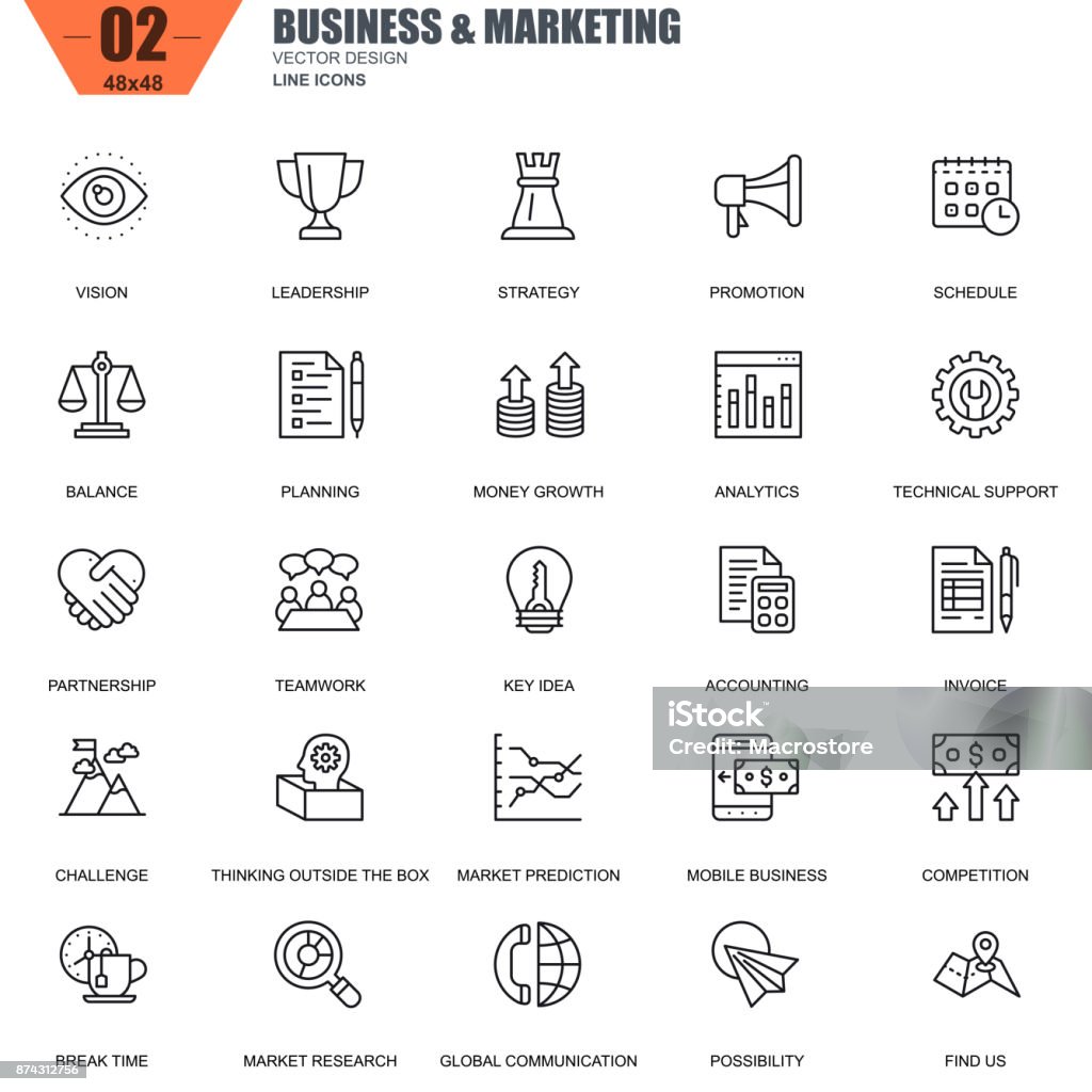 Thin line business and marketing icons set for website Thin line business and marketing icons set for website and mobile site and apps. Contains such Icons as Leadership, Vision, Accounting. 48x48 Pixel Perfect. Editable Stroke. Vector illustration. Icon Symbol stock vector