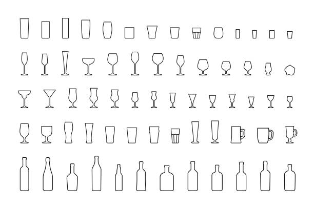 ilustraciones, imágenes clip art, dibujos animados e iconos de stock de línea de iconos bar vasos y botellas. vector de - wineglass symbol coffee cup cocktail