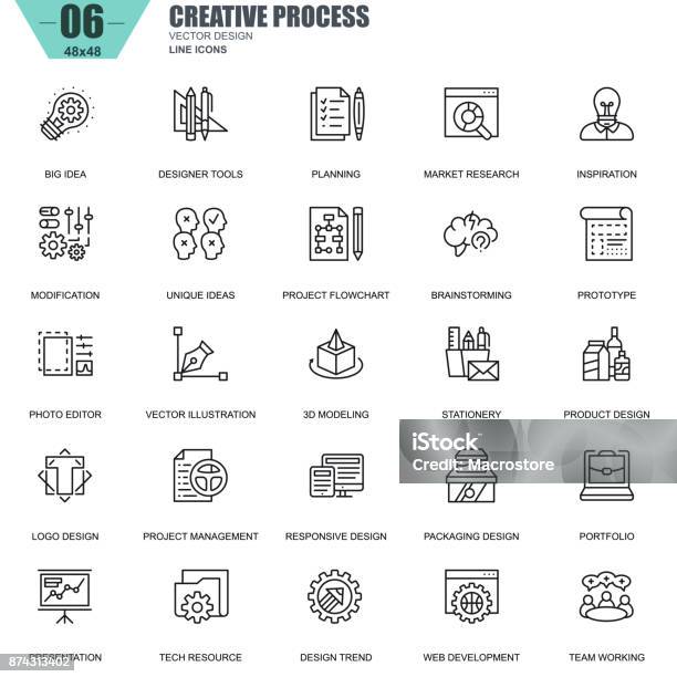 Thin Line Creative Process And Project Workflow Icons Stock Illustration - Download Image Now