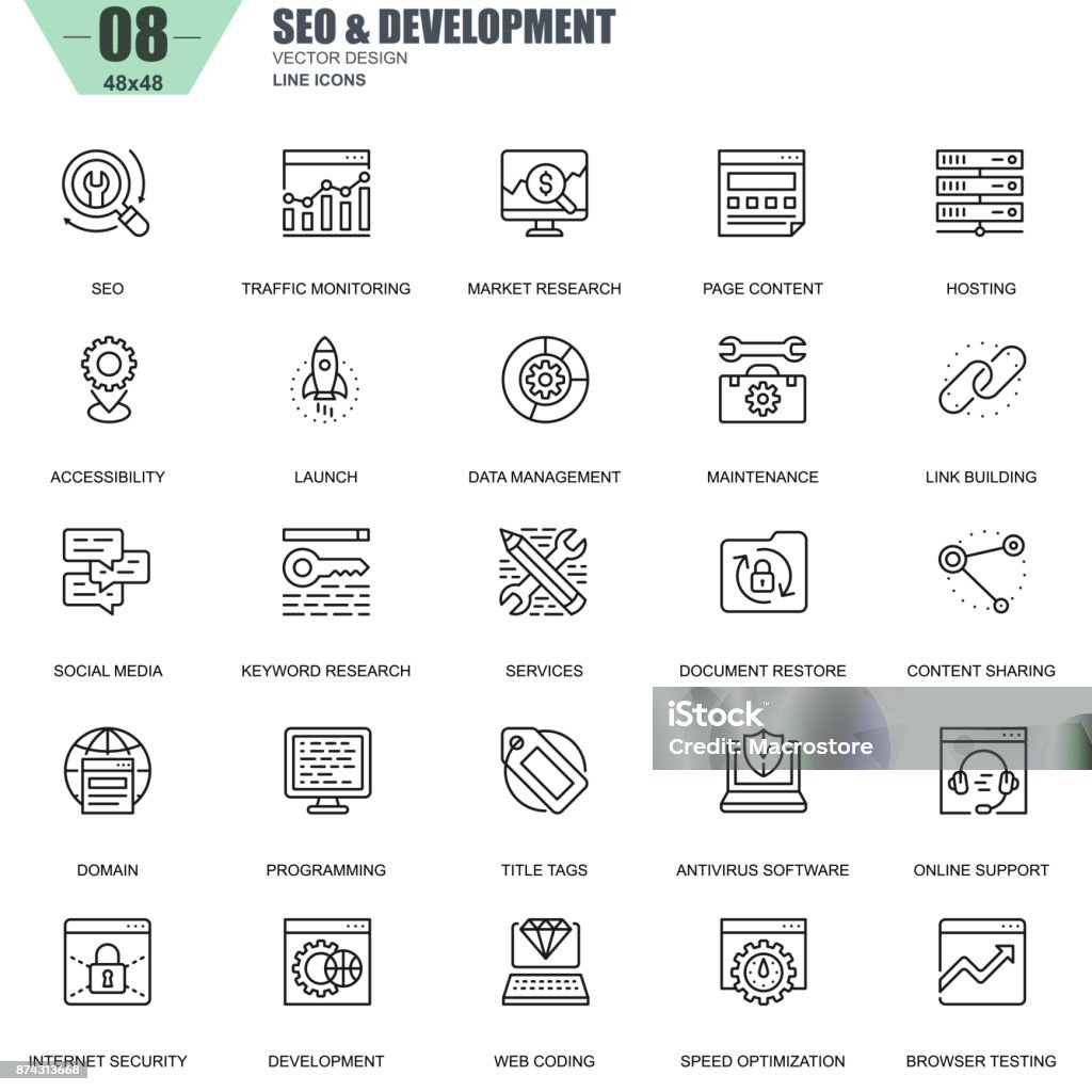 Dünne Linie Seo und Entwicklung Icons set für website - Lizenzfrei Icon Vektorgrafik